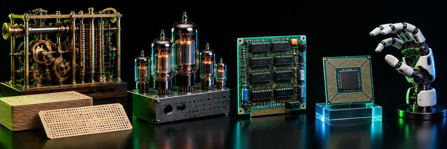Illustrated evolution of computing: mechanical gears, vacuum tubes, circuits, a microchip and a robotic hand