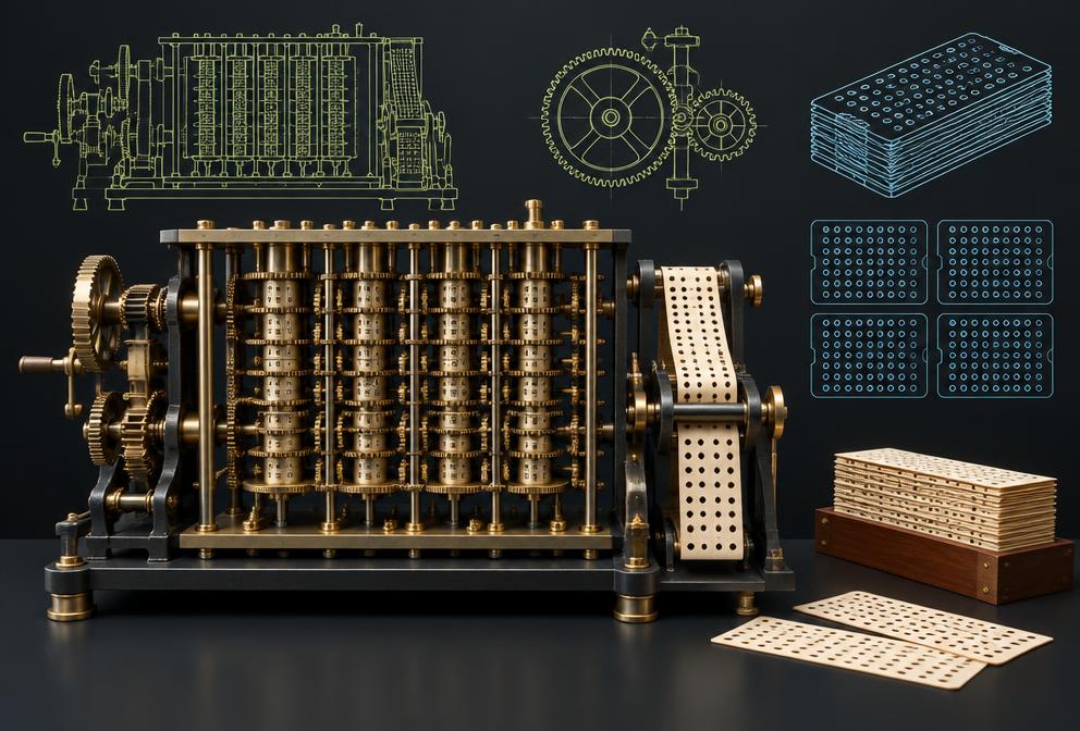 Illustration of mechanical computation and punched cards