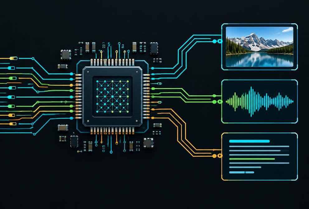 Illustration of AI circuits producing images, sound and language