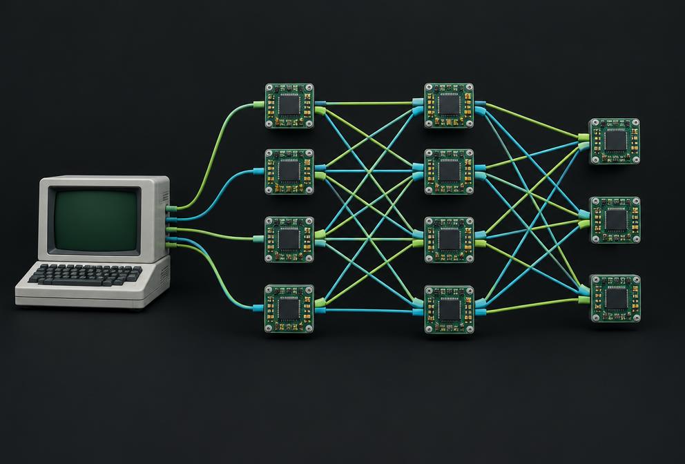 Illustration of a computer linked to a neural network